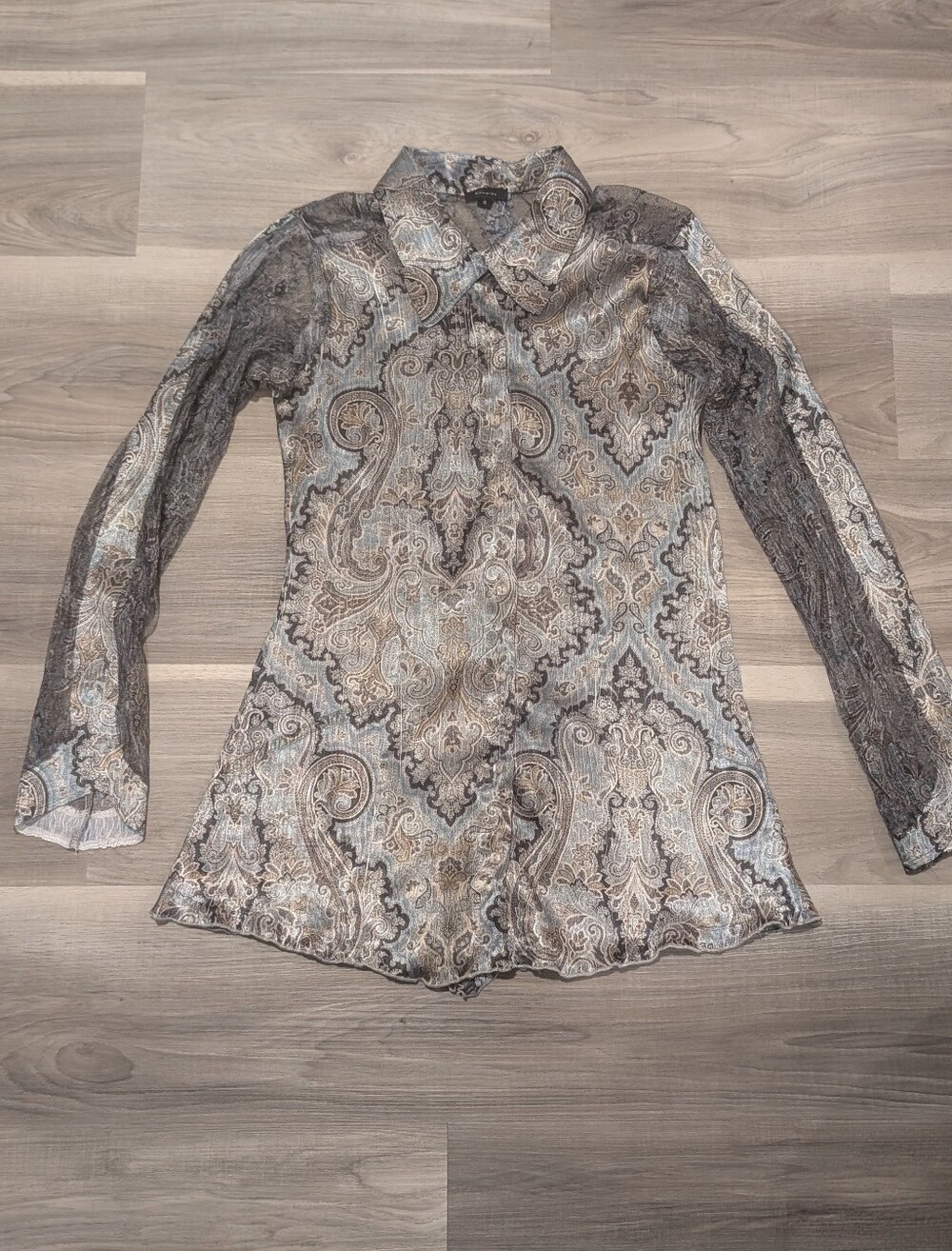 Komarov | Crinkle Pleated Lace Corset Back Blouse In Blue Bronze Paisley